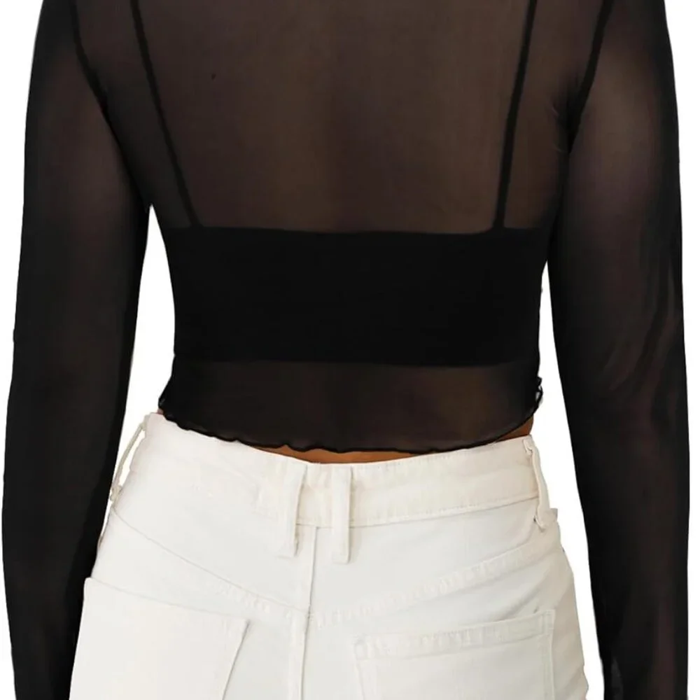 Sophisticated Long Sleeve Sheer Mesh Crop Top with Polka Dots - XL